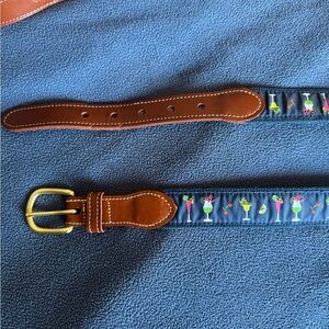Embroidered Cocktail Pattern Navy Cotton Belt with Brown Leather Trim